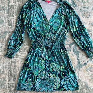 Lilly Pulitzer Talley Faux Wrap Teal Printed V-Neck Mini Dress